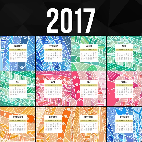 Zentangle colorido calendario 2017 pintado a mano en el estilo de los patrones florales y garabatos . — Archivo Imágenes Vectoriales