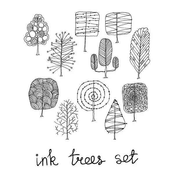 Ensemble d'arbres dessinés à la main. Style encre . — Image vectorielle