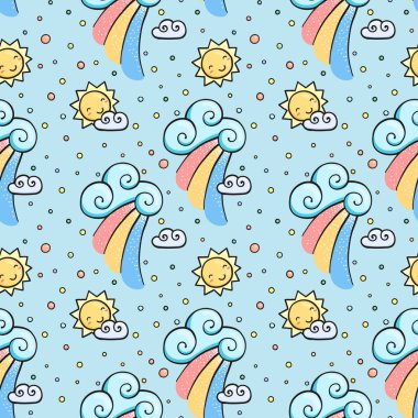 Güneş, bulut ve rainbow ile komik desen.