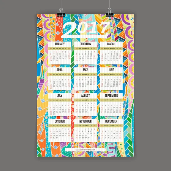 Calendário colorido Zentangle 2017 pintado à mão no estilo de padrões florais e doodle . — Vetor de Stock