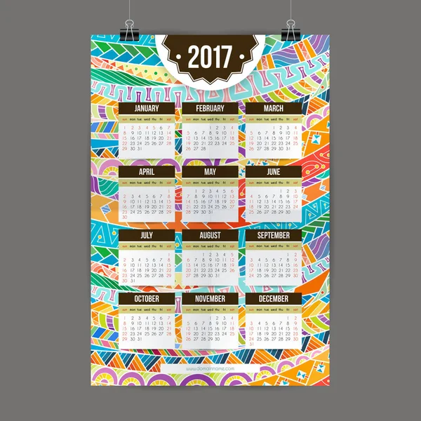 Zentangle colorido calendario 2017 pintado a mano en el estilo de los patrones florales y garabatos . — Archivo Imágenes Vectoriales