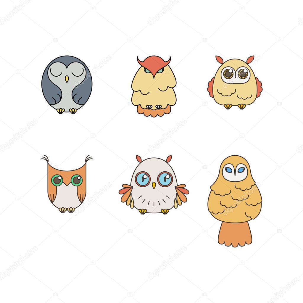Set of lined owl logos and emblems. Vector illustration collection in line style. Furry birds.