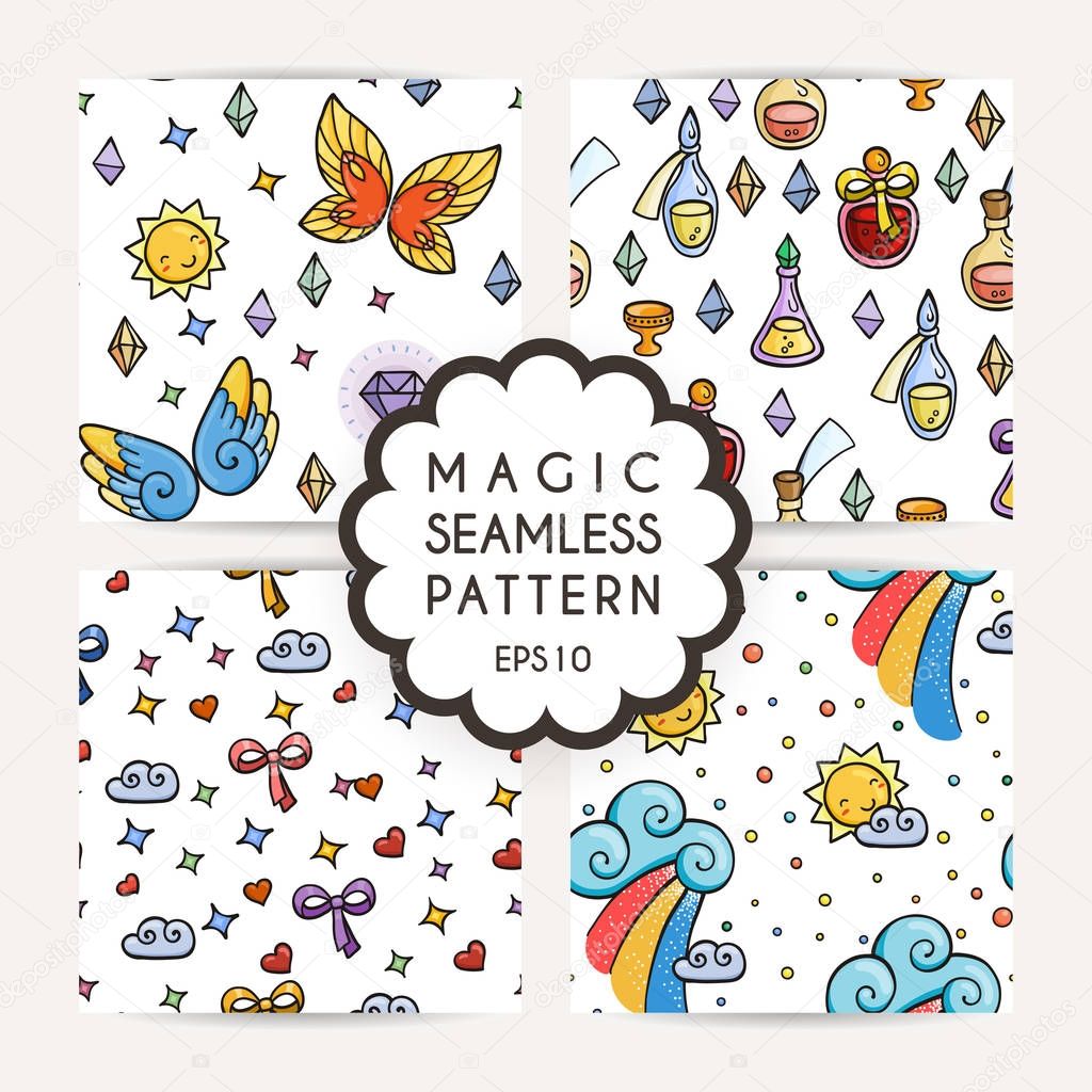 Set of simple seamless patterns with hand drawn elements.