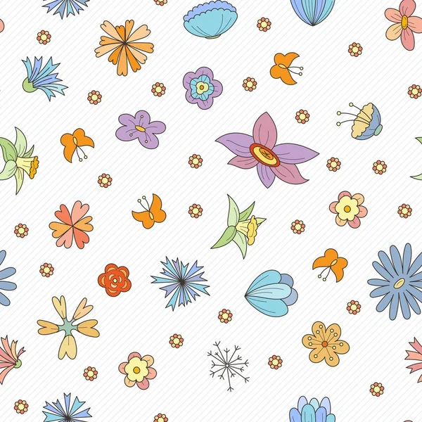 Doodle sömlösa mönster med olika doodle blommor, blad och grenar. — Stock vektor
