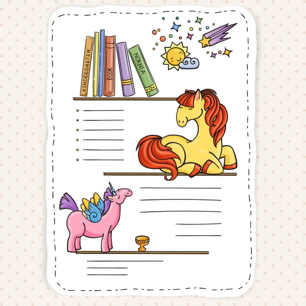 Halaman corat-coret vektor untuk anak-anak dan anak-anak. Pony dan buku . - Stok Vektor