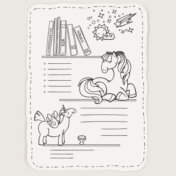 Pagina doodle vettoriale per bambini e bambini. Pony e libri . — Vettoriale Stock