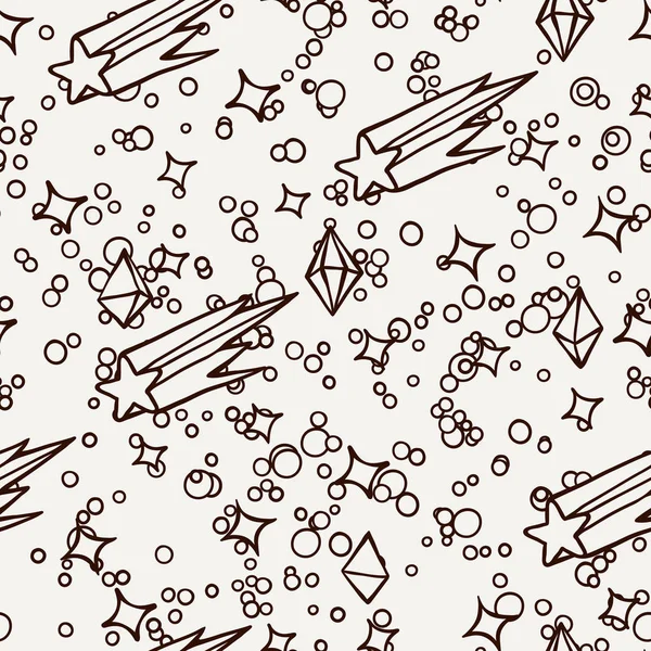 Handgezeichnete Doodles Cartoon nahtlose Muster mit Kometen und Kristallen. — Stockvektor
