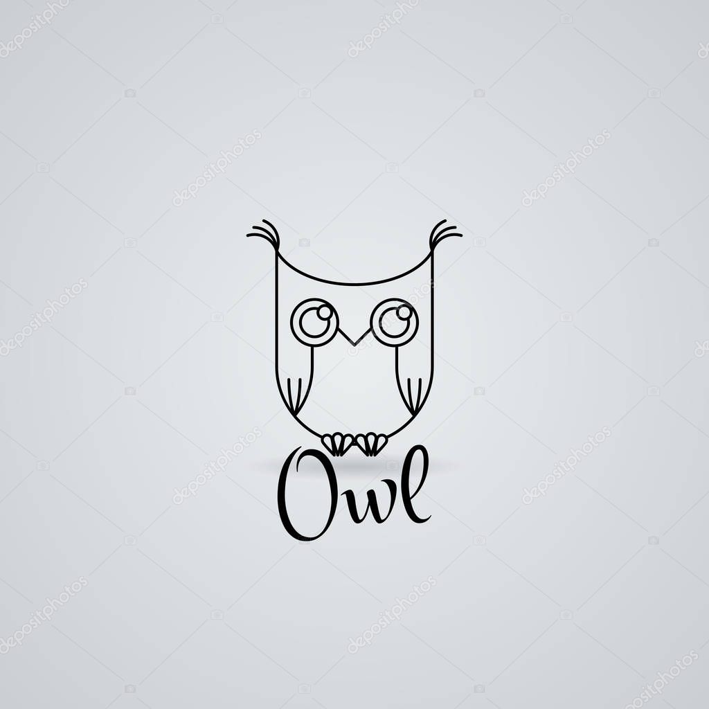 Lined owl logo or emblem. Vector illustration in line style Furry bird.