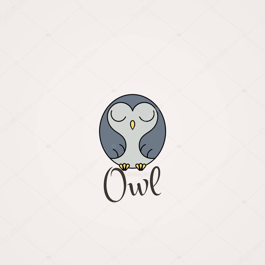 Lined owl logo or emblem. Vector illustration in line style Furry bird.