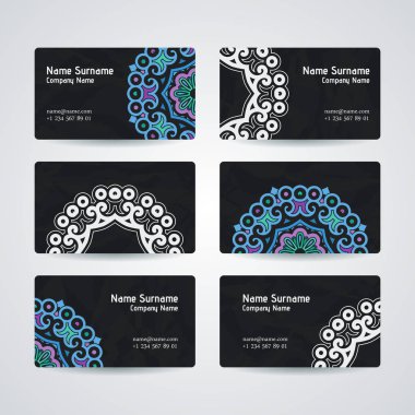 Vektör tasarım şablonları kümesi. Çiçek daire süsleme ile kartvizit. Mandala stili.