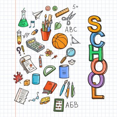 Doodle okul Icon set. Eğitim malzemeleri schoolbook, defter, kalem, kalem, kırtasiye, eğitim AIDS, topu, vb.