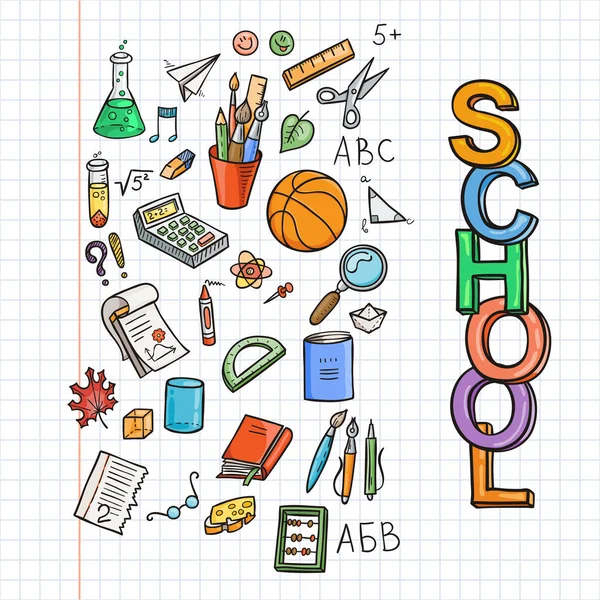 Conjunto de ícones da escola Doodle. Educação fornece livro escolar, caderno, caneta, lápis, estacionário, ajudas de treinamento, bola, etc. . — Vetor de Stock