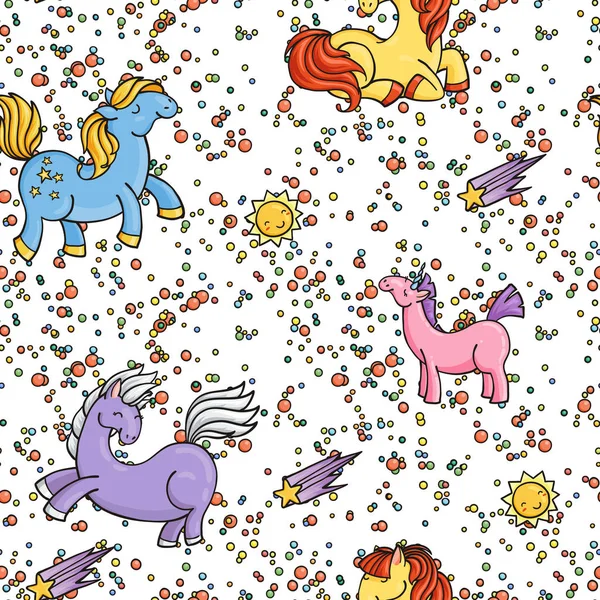 Lindo patrón unicornio sin costuras con estrellas y soles — Archivo Imágenes Vectoriales