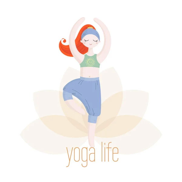 Yoga-kız doodle tarzı. El çekilmiş renkli karikatür kadın. Ağaç poz. — Stok Vektör