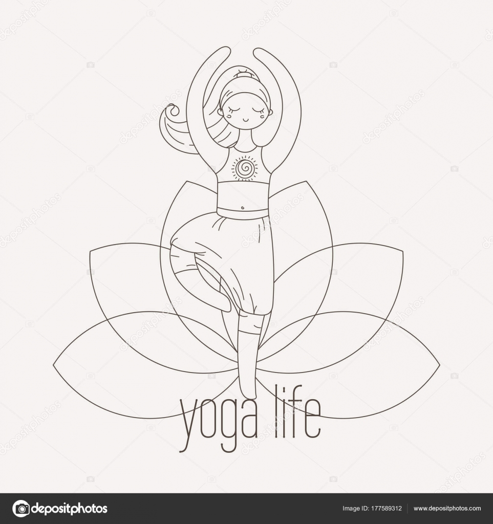 Ragazza di yoga in stile doodle Donna dei cartoni animati disegnato e colorato a mano