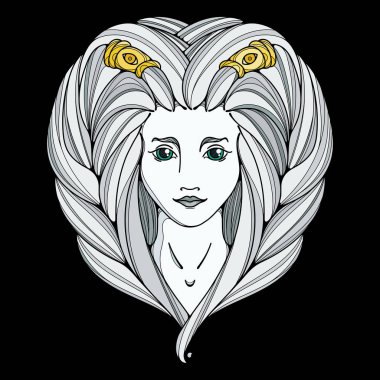 Kız siyah beyaz ve altın illüstrasyon. Uzun saçlı, dövme resim. Vektör sayfa.
