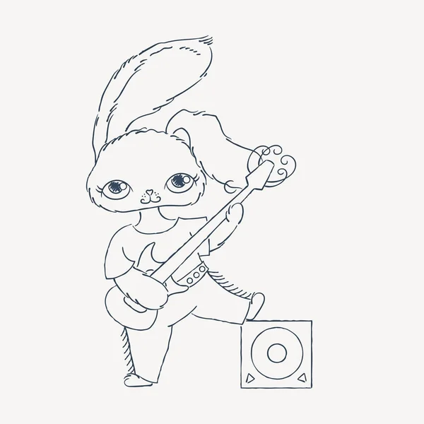 Conejo con guitarra eléctrica. Ilustración de música rock vectorial . — Vector de stock