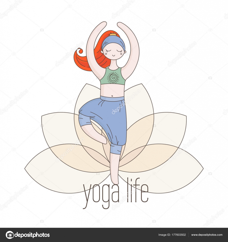 Ragazza di yoga in stile doodle Donna dei cartoni animati disegnato e colorato a mano