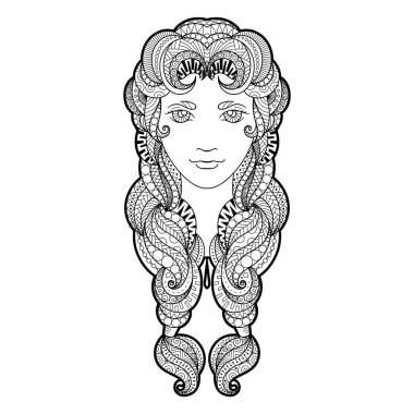 Güzel kızla girift desenli, zentangle örgü ve parlak gözleri.