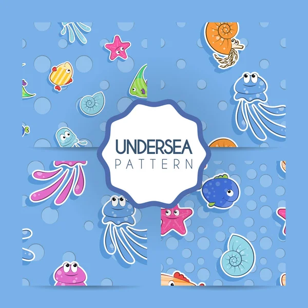 Conjunto de padrão sem emenda vetorial com peixes marinhos coloridos, nautiluses, estrelas do mar e conchas. Padrão para crianças . —  Vetores de Stock