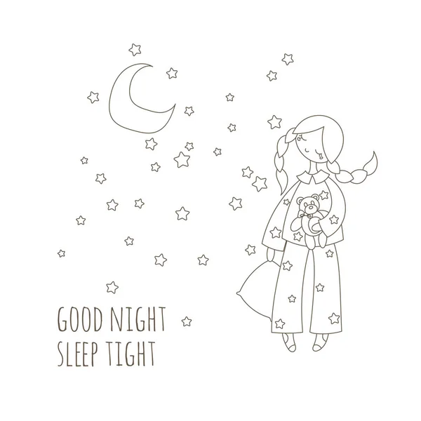 Roztomilá dívka v noční prádlo drží polštář a hračka medvěd. Dobrou noc karta. — Stockový vektor