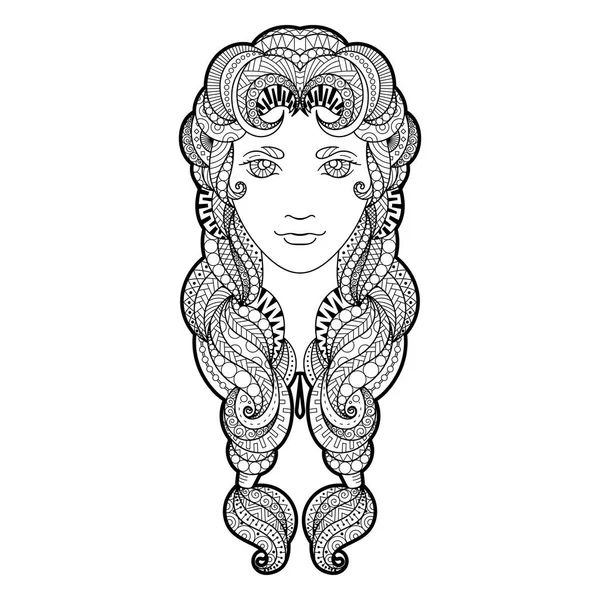 Güzel kızla girift desenli, zentangle örgü ve parlak gözleri.