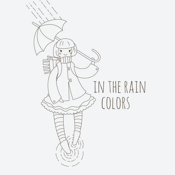 Junges Mädchen in gestreiften Strümpfen geht mit Regenschirm im Regen. — Stockvektor