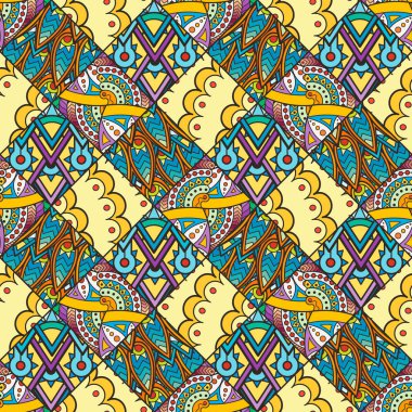 Yama Boho çiçek Seamless modeli. Mandala patchwork, oryantal tasarımı. Duvar kağıdı, çini deco mobilya Tekstil, kumaş baskı.