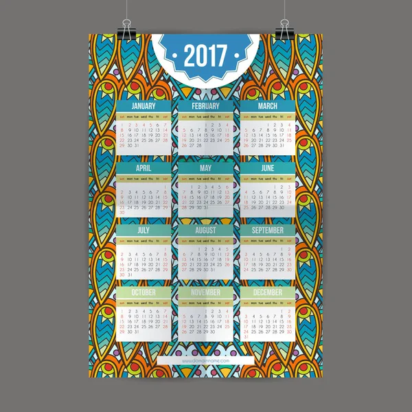 Zentangle colorido calendario 2017 pintado a mano en el estilo de los patrones florales y garabatos . — Vector de stock