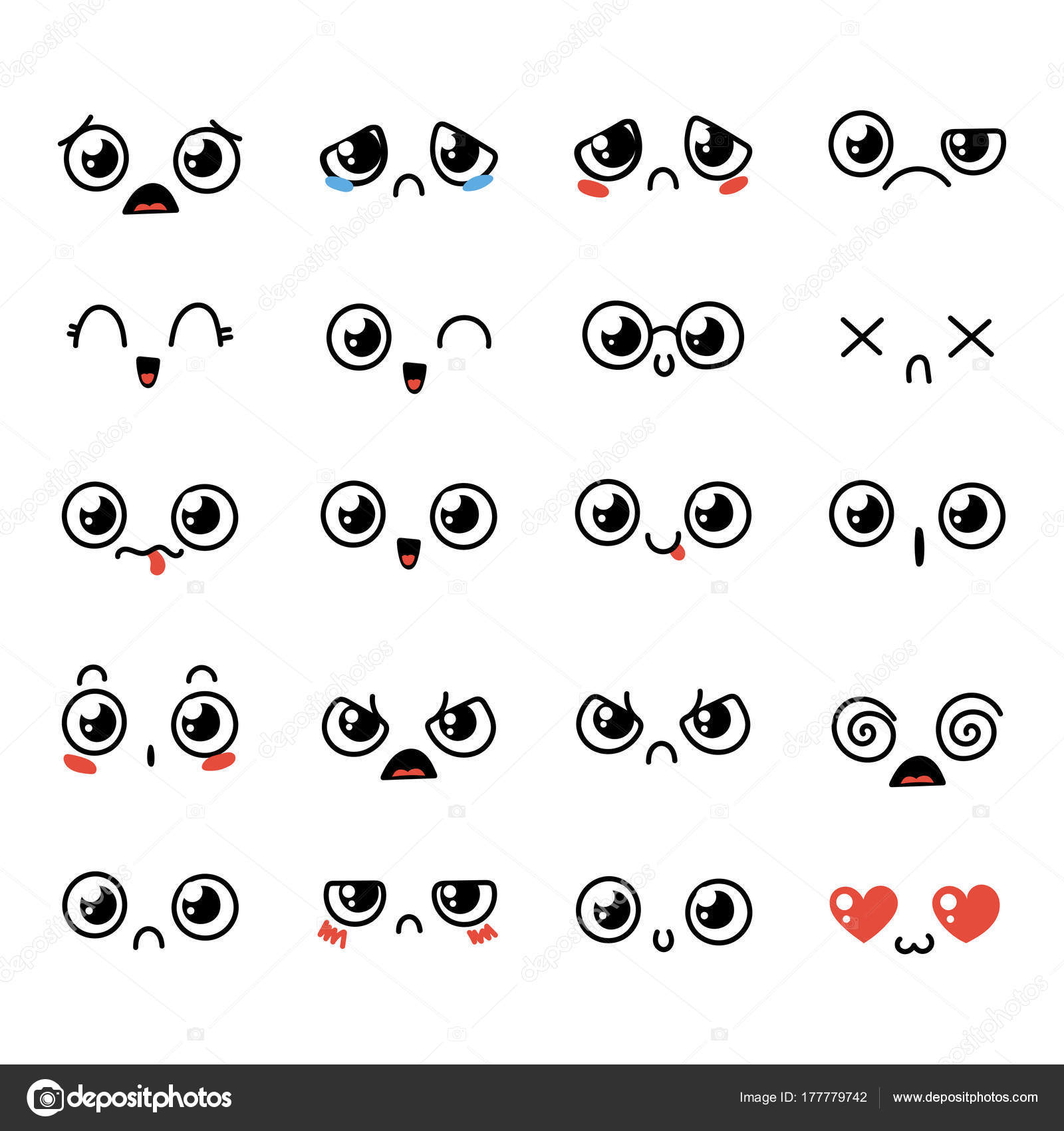 Conjunto De Emoticonos Cute Kawaii Encantador — Vector De Stock