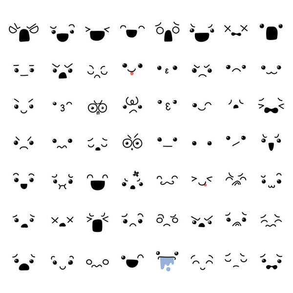 Set of cute lovely kawaii emoticon.