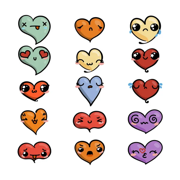 Set of cute lovely emoticons. Doodle kawaii face, sweet and childlike