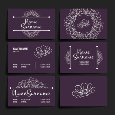 Vektör tasarım şablonları kümesi. Broşürler rasgele çiçek tarzı. Kartvizit çiçek daire süsleme ile.