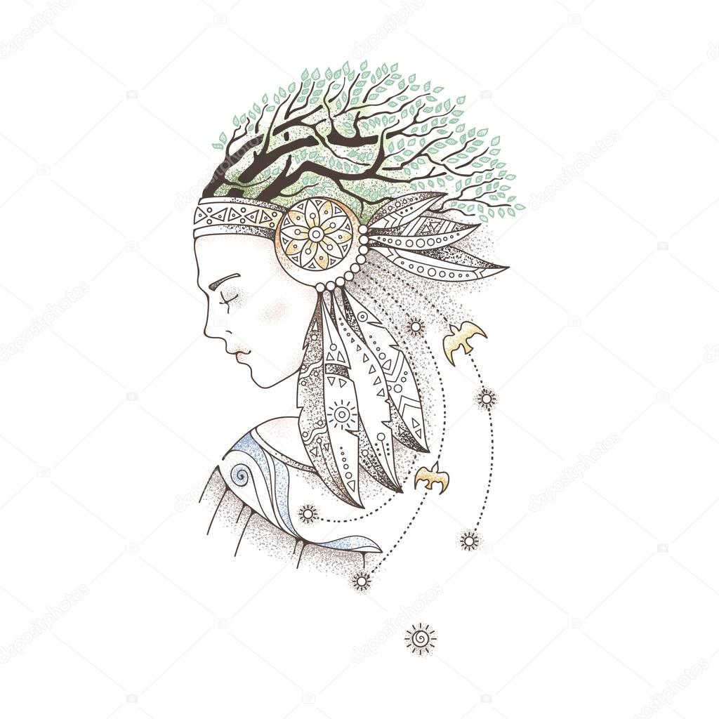 Dreamy forest fairy. Portrait of a beautiful girl head with branches hair and mystic headdress.