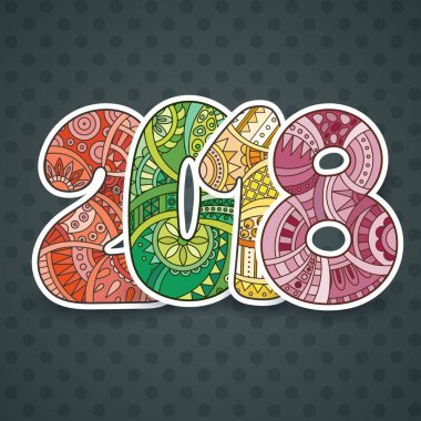 Mutlu yeni yıl 2018 kutlama numarası. Vektör Xmas çizimde zentangle.