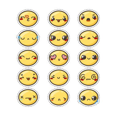 Sevimli güzel kawaii ifade kümesi. Çıkartma koleksiyonu.