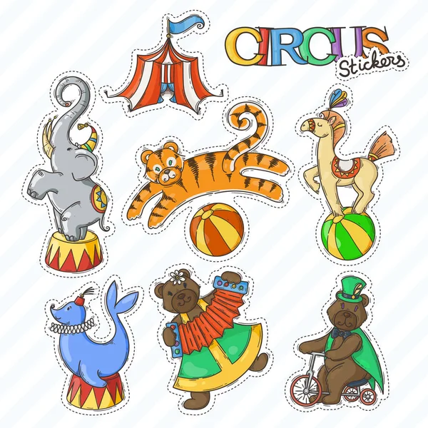 Collezione di icone dei cartoni animati Circus con tenda chapiteau e animali selvatici addestrati . — Vettoriale Stock