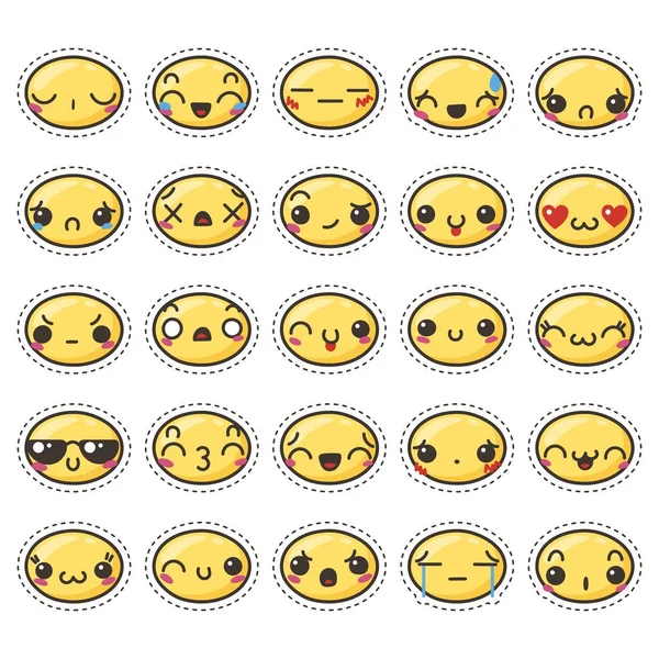Set of cute lovely kawaii emoticon. Sticker collection. — Stock Vector