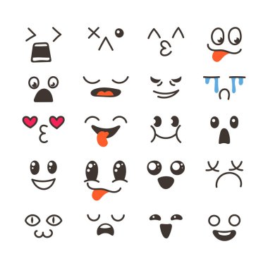 Sevimli güzel kawaii ifade kümesi.