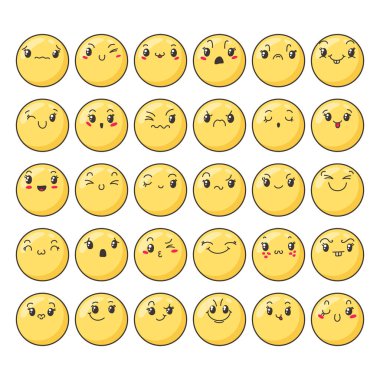 Sevimli güzel kawaii ifade kümesi.