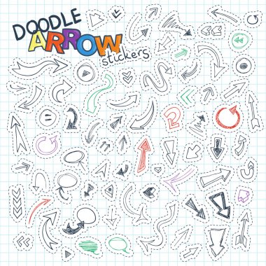 Dizi doodle ok Etiketler ve pulları ile yönlendirilen, işaretler, Balonlar, kılavuzları
