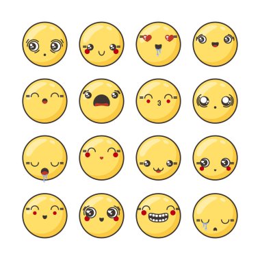 Sevimli güzel kawaii ifade kümesi.