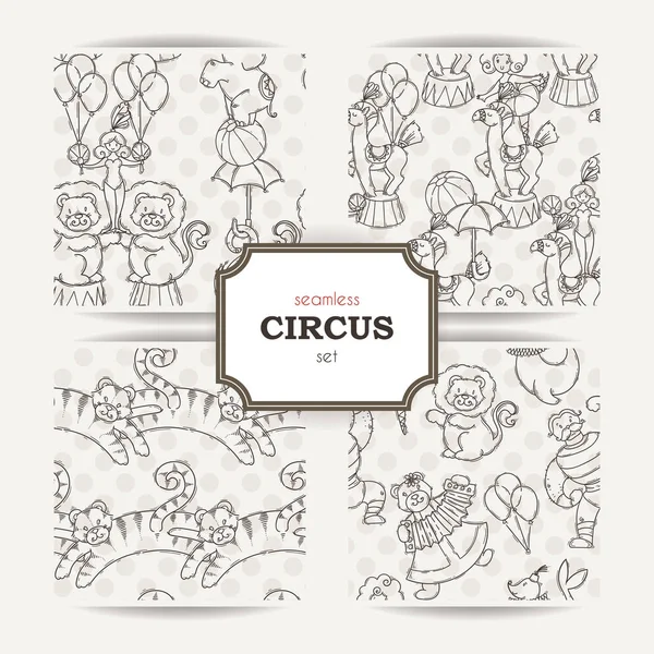 Conjunto de padrões sem costura doodle com animais de circo e artistas . —  Vetores de Stock