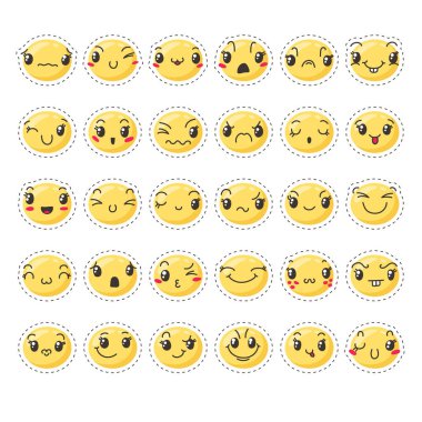 Sevimli güzel kawaii ifade kümesi. Çıkartma koleksiyonu.