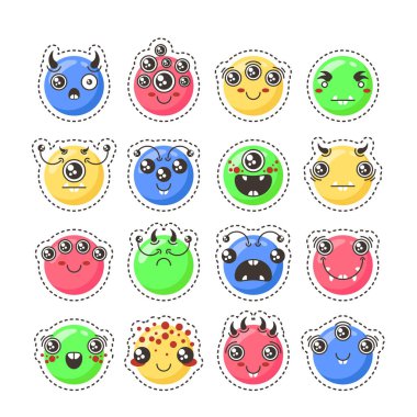 Sevimli güzel kawaii ifade kümesi. Çıkartma koleksiyonu.