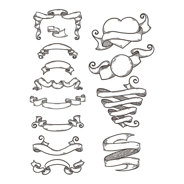 빈티지 리본 메뉴의 컬렉션 손으로 그려진된 낙서 세트. — 스톡 벡터