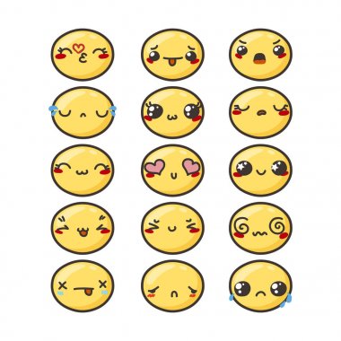 Sevimli güzel kawaii ifade kümesi.