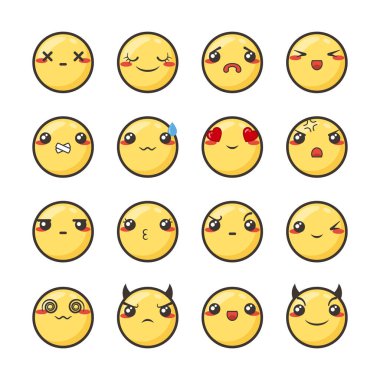 Sevimli güzel kawaii ifade kümesi.