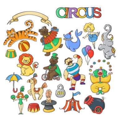 Sirk karikatür Icons collection chapiteau çadır ve eğitimli vahşi hayvanlar.