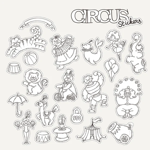 Collection d'autocollants de dessin animé de cirque avec tente chapiteau et animaux sauvages entraînés . — Image vectorielle